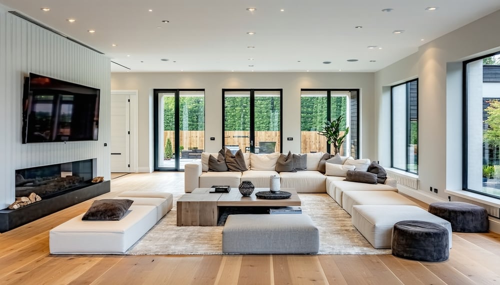 Modern renovated living room showcasing Renozaar Builders' craftsmanship